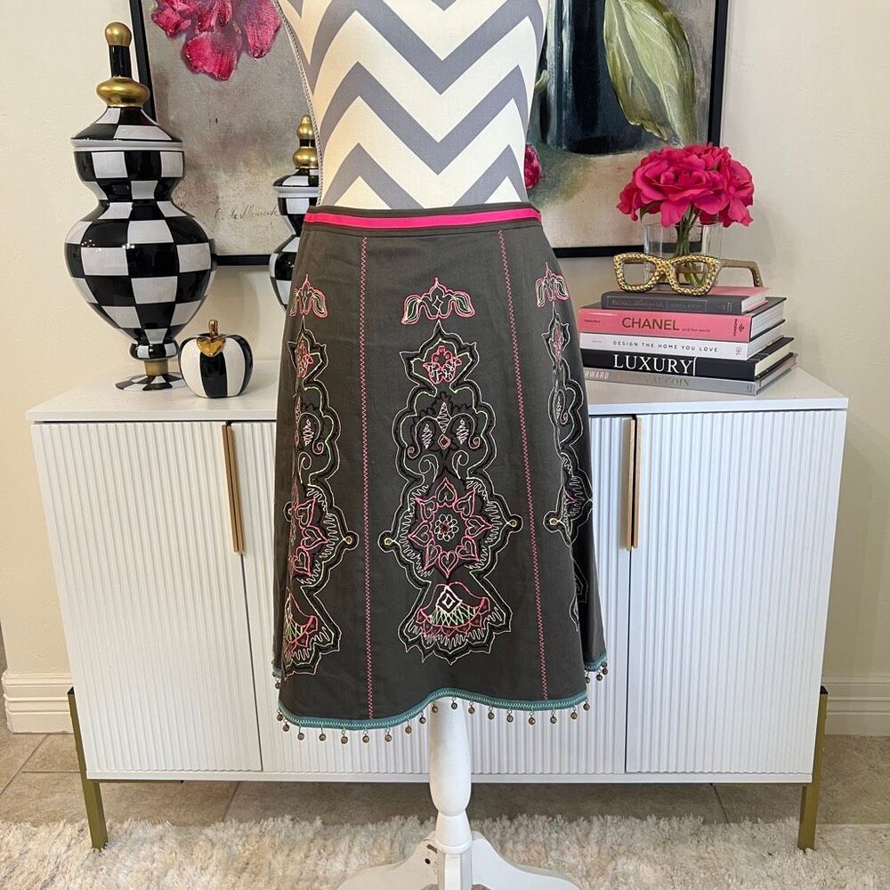 Etcetera Women's Beaded Embroidered Boho A-Line Skirt Olive Green Size 8